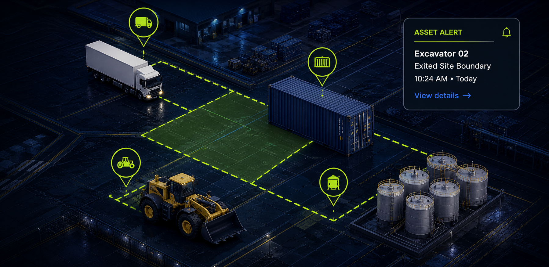 Truck, container, loader and storage tanks connected across a monitored industrial site